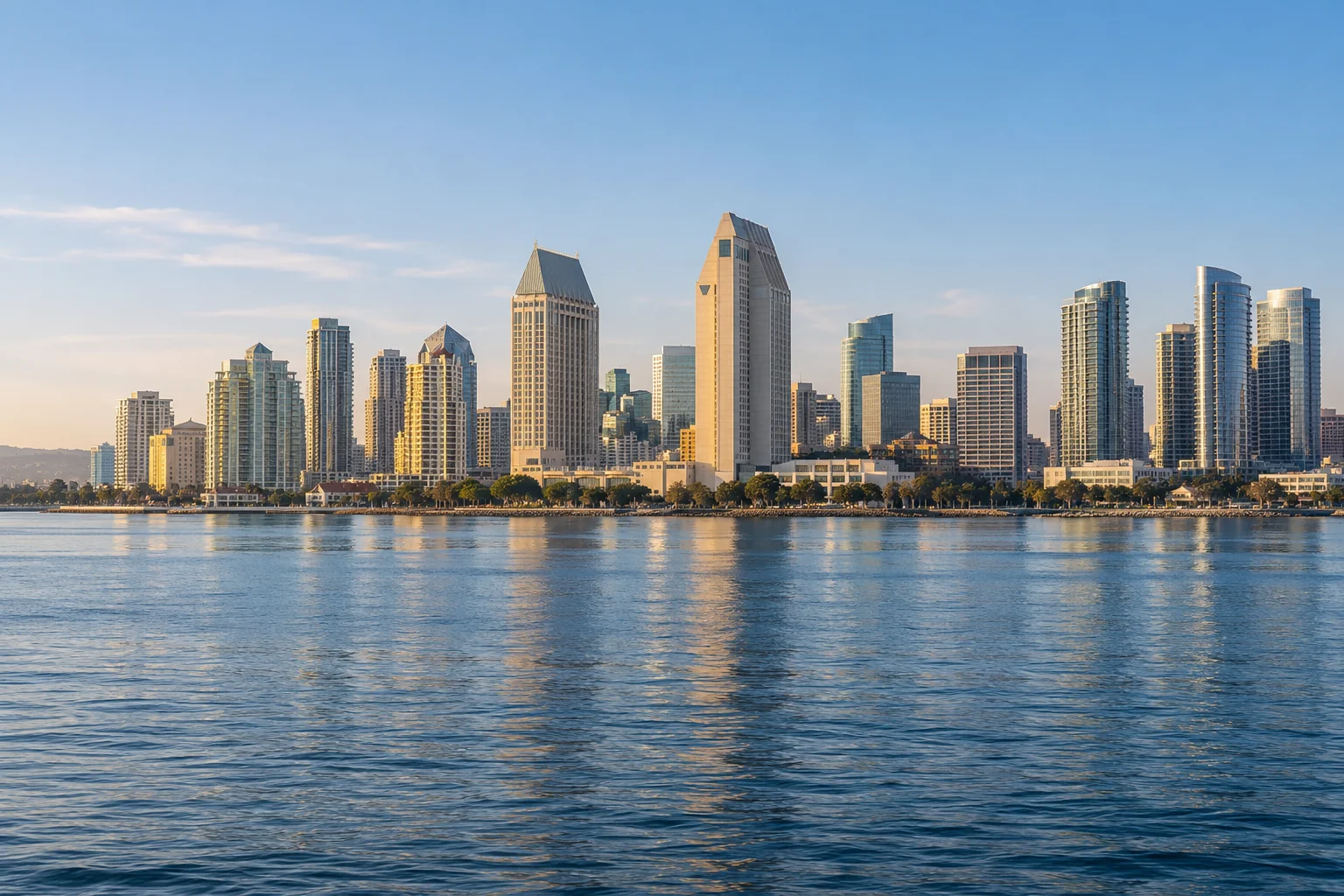 AI-generated view inspired by the San Diego skyline across the bay in warm morning light